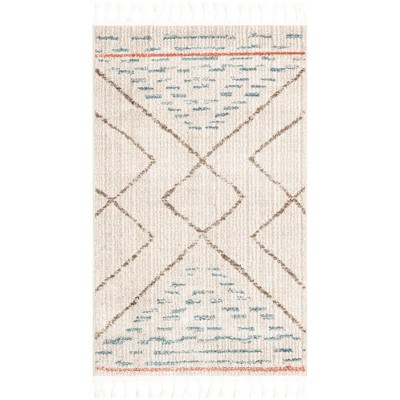 Ivory Geometric Braided Fringe Rectangular Synthetic Rug