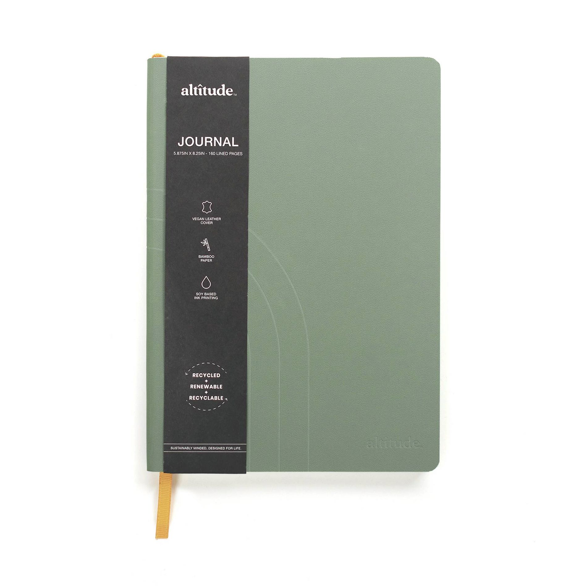 Altitude Supplies 160pg Ruled Journal - 5.875"x8.25", Vegan Leather Cover, Dark Sage, Debossed Arch