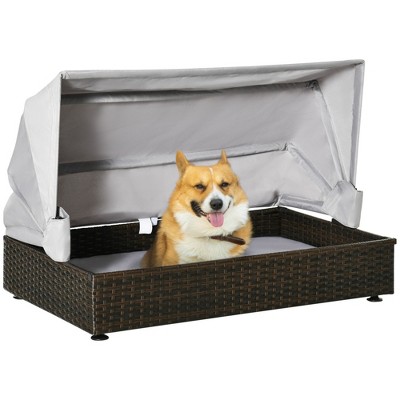 PawHut Rattan Dog Bed, Elevated Pet Sofa, Wicker Cat House, Indoor/Outdoor Use, for Garden Patio with Foldable Canopy, for S M Pets, Coffee