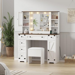 Makeup Vanity Table with Mirror and Lights, Dressing Table with Cushioned Stool& Charging Station - 1 of 4
