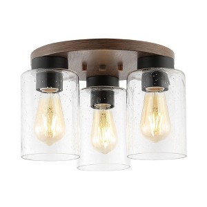 13" 3-Light Nola Bohemian Farmhouse Iron/Seeded Glass LED Semi Flush Mount Wood Finish/Clear - JONATHAN Y: Vintage-Style, Eco-Friendly, UL Listed - 1 of 4