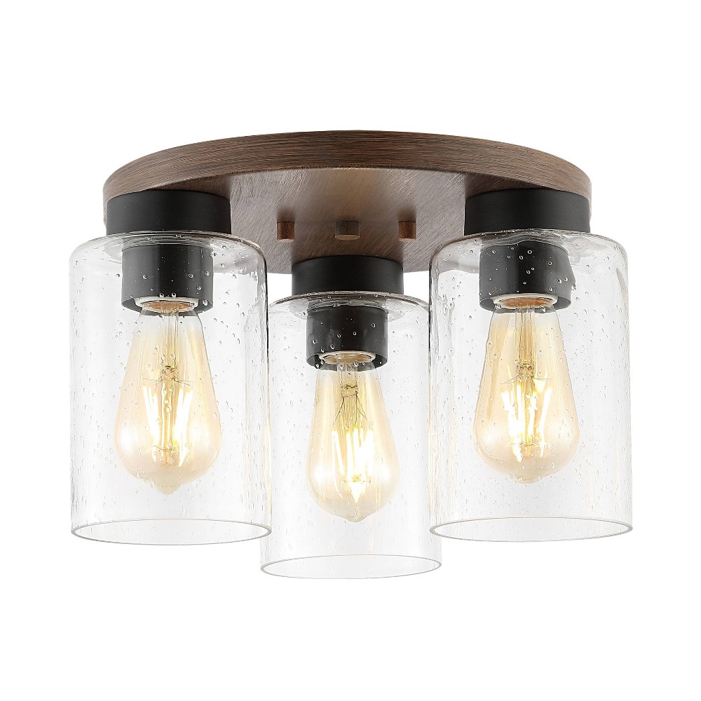 13" 3-Light Nola Bohemian Farmhouse Iron/Seeded Glass LED Semi Flush Mount Wood Finish/Clear - JONATHAN Y: Vintage-Style, Eco-Friendly, UL Listed