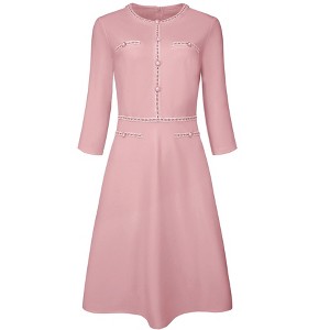 Hobemty Women's Elegant Office 3/4 Sleeve Tweed Trim Round Neck A-Line Dress - 1 of 4
