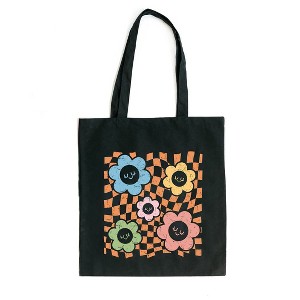 City Creek Prints Checkered Flowers And Smiley Canvas Tote Bag - 15x16 - Black - 1 of 2