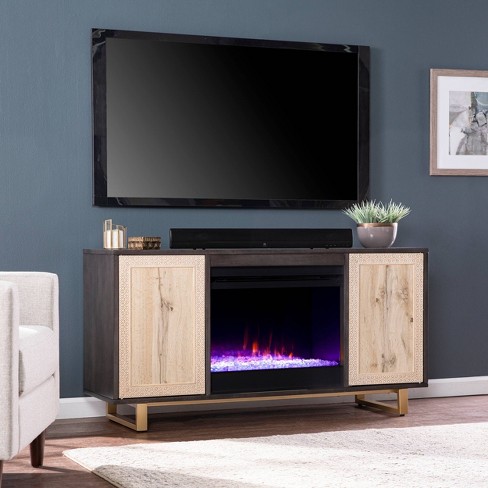 Shanmol Media Color Changing Fireplace with Carved Details Dark Brown/Natural - Aiden Lane: Electric, Remote Control, MDF Frame - image 1 of 4