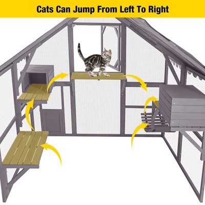 Large Gray Wooden Outdoor Cat House with Wire Mesh