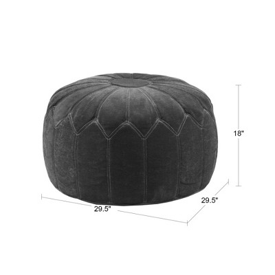Blue Floral Oversized Round Pouf Ottoman with White Stitching