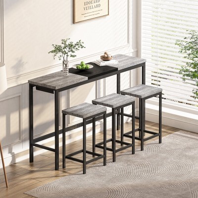4 PCS Bar Height Dining Set with 3 Stool Counter Height Dining Set Kitchen Breakfast Nook Dinette, Hanging Stool Design, Natural/Gray+Black-ModernLuxe