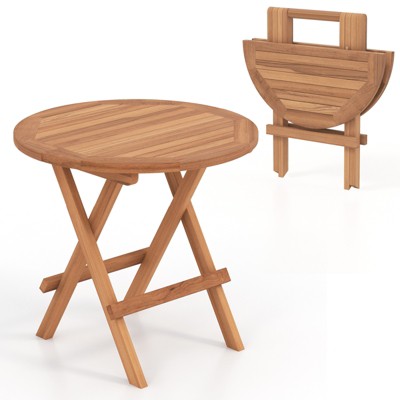 Costway Patio Folding Side Table Indonesia Teak Wood Round Slatted Tabletop Portable Camping