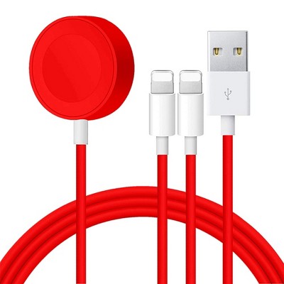 Link Magnetic Charger 3 in 1 USB Cable For Apple Watch & iPhone - Charges 2 iPhones and 1 Apple Watch At The Same Time! - Red