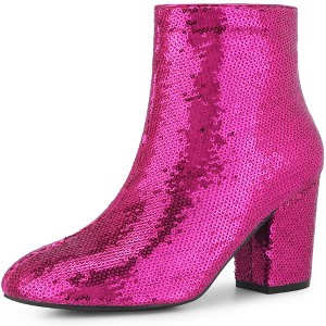 Allegra K Women's Round Closed Toe Zip-Up Sequins Block Heels Ankle Booties - 1 of 4