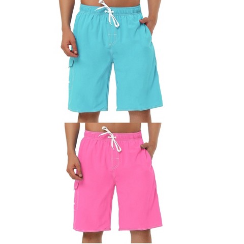 Lars Amadeus Men's Solid Drawstring Elastic Waistband Swimming Board Shorts 2 Pcs Light Blue/Pink 32