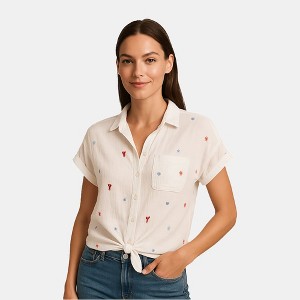 BeachLunchLounge Women's Rosie Tie Front Embroidered Beach Findings Top | White - 1 of 4