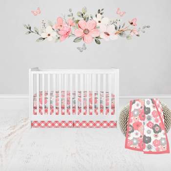 Bacati - Watercolor Floral Coral Gray Chocolate 3 pc Baby Crib Bedding Set for Girls 100% cotton fabrics