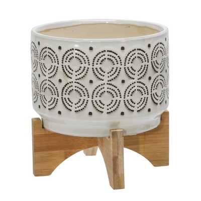 Ivory Swirl Ceramic Planter on Stand, 7"x8" - Contemporary Outdoor Accent