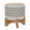 Sagebrook Home 8"H 7" Diameter Ivory and Gray Swirl Pattern Ceramic Planter on Bamboo Wood Stand for Living Room, Dining Room, or Patio - 3 of 4