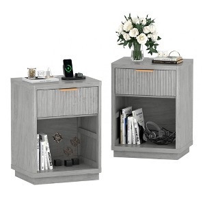 Set of 2 Fluted Farmhouse Nightstand with Charging Station - Mid-Century Modern Bedside Tables with Drawers & Metal Handles - 1 of 4