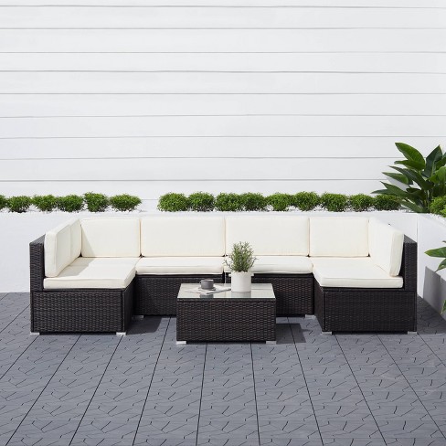 Venice 6pc Classic Outdoor Wicker Sectional Sofa with Seat and Back Cushion - Black - Vifah - image 1 of 4