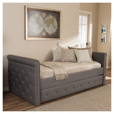 Gray Twin Upholstered Daybed with Tufted Nailhead Trim and Trundle