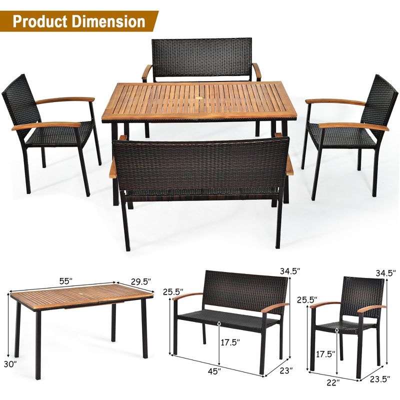 Costway 5PC Patio Rattan Dining Set Acacia Wood Table Top Stackable Chair Bench, 2 of 11