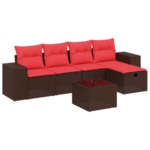 vidaXL 6 Piece Patio Sofa Set with Cushions Brown Poly Rattan - 1 of 4