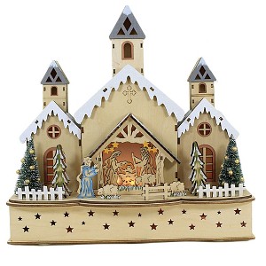 12.0 Inch Led Church W/Nativity Christmas Manger Trees Sheep Figurines - 1 of 3