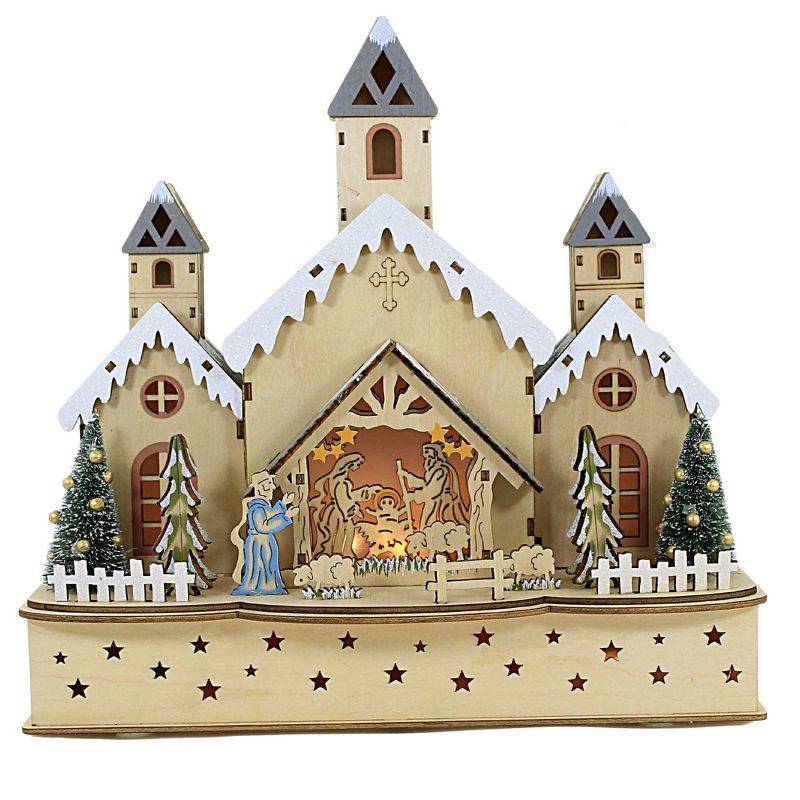 12.0 Inch Led Church W/Nativity Christmas Manger Trees Sheep Figurines, 1 of 4