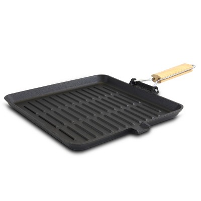 MegaChef 11 Square Enamel Cast Iron Grill Pan with Matching Grill Press in Red