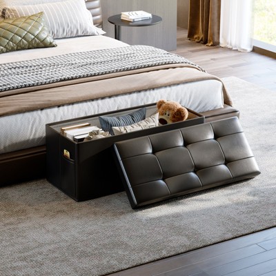 Pinmoco 30" Storage Ottoman Bench Folding Leather Bedroom Storage Bench with White Blanket and Side Pocket for Entryway Living Room