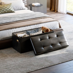 Pinmoco 15"/30"/43" Storage Ottoman Bench Folding Leather Bedroom Storage Bench with White Blanket and Side Pocket for Entryway Living Room - 1 of 4