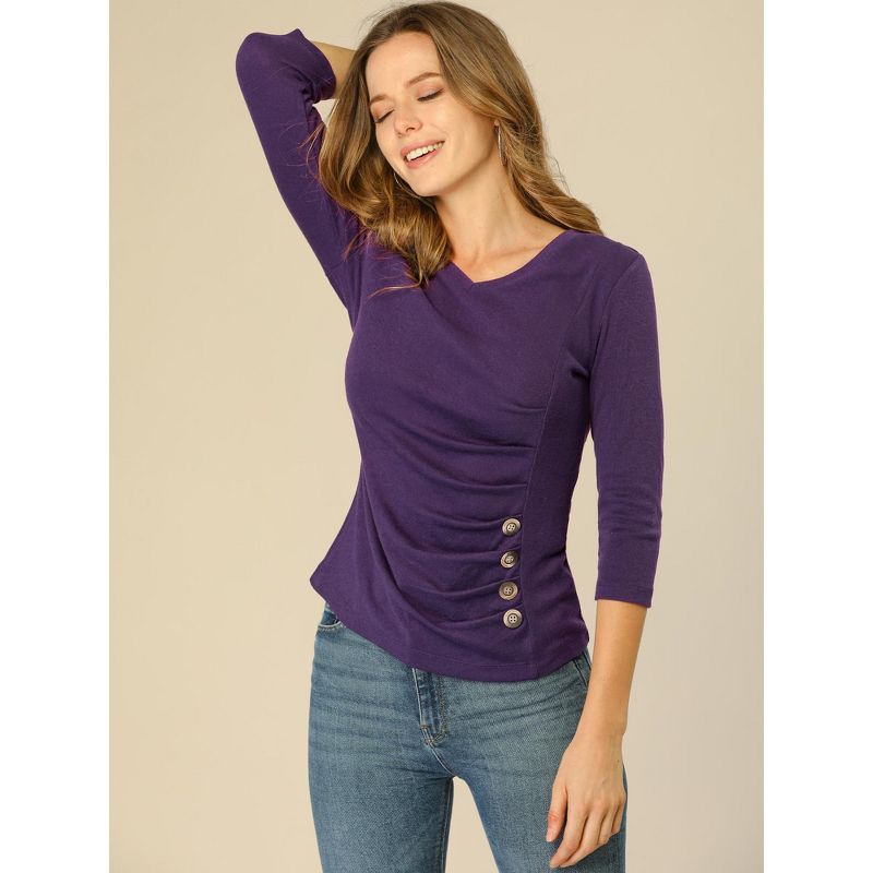 Allegra K Women's V Neck 3/4 Sleeves Solid Knitted Buttons Decor Ruched Blouse, 5 of 8