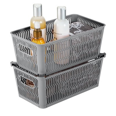 Small Gray Stackable Plastic Storage Tote Baskets, Set of 2