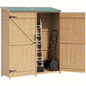 64"Outdoor Wooden Storage Cabinet,Vertical Tall Garden Tool Shed with Waterproof Sloped Roof,Lockable Double Doors&Adjustable Shelves for Backyard - 1 of 4