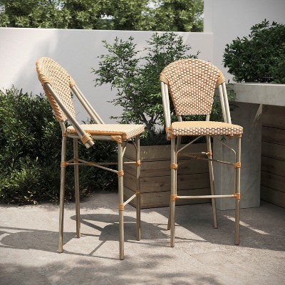 Natural and White Rattan Bistro Bar Stools with Bamboo Finish