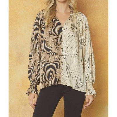 Women's Contrast Print V-Neck Blouse - entro