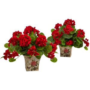 Nearly Natural 11-in Geranium Flowering Silk Plant with Floral Planter (Set of 2) - 1 of 1