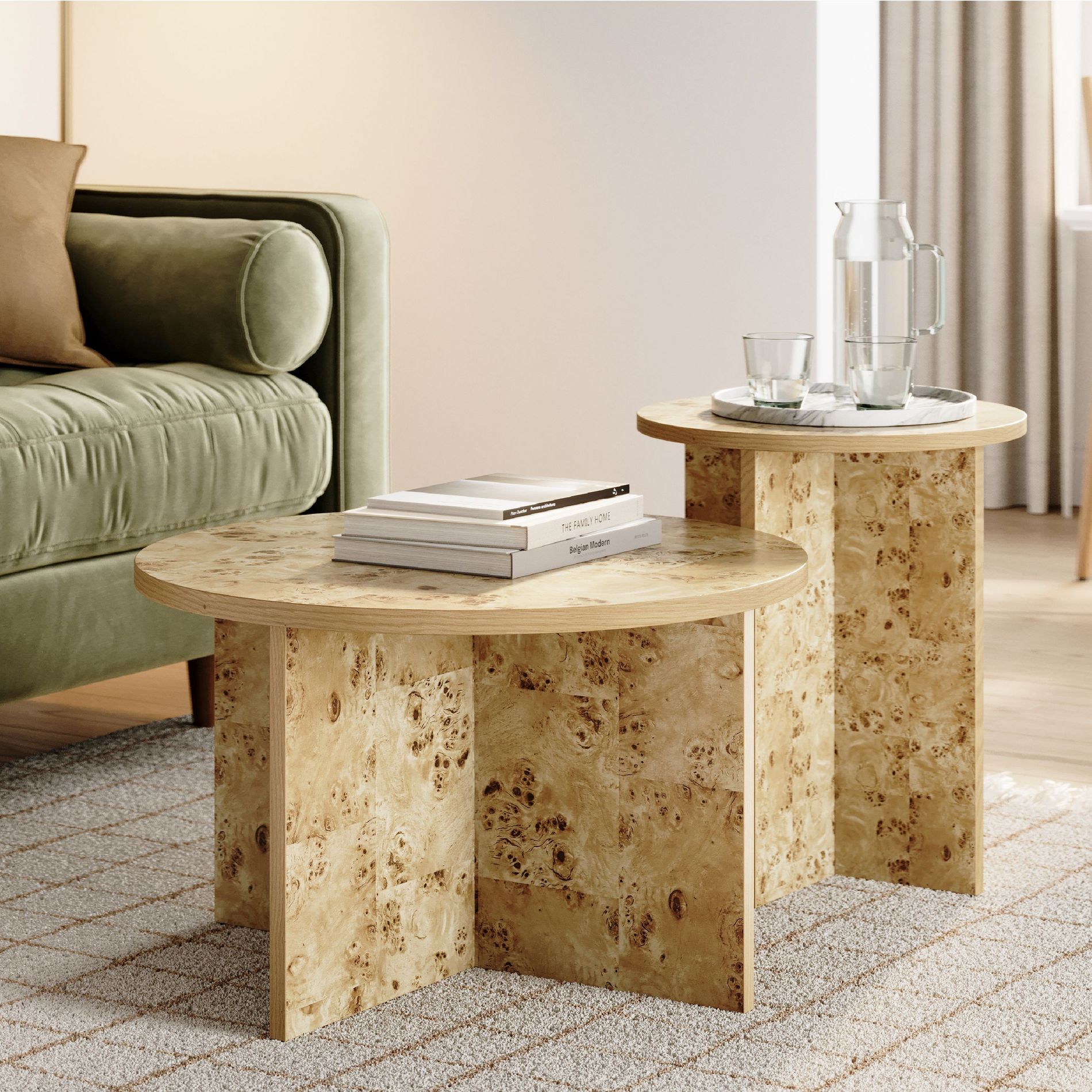 Stead Burl Wood Nesting Coffee Tables - Modern Living Room Furniture - Organic Modern Coffee Table - 2 Piece Set