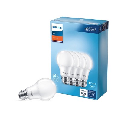 Philips LED 60W Frosted Soft White A19 4P Non-Dim T20: 800 Lumens, E26 Base, 2700K, 10-Year Life, Damp Location Suitable