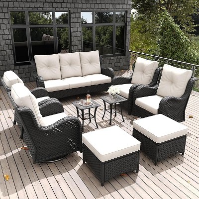 LayinSun Outdoor Patio Furniture Set, Black Rattan Wicker Sectional Swivel Rocker Chairs Sets with Ottomans, Swivel Glider Chair