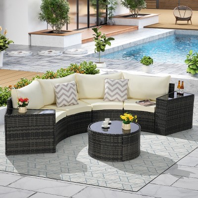 Outdoor Sofa Set, Sectional Half-Moon Sofa, PE Wicker Sofa With Cushions, Sofa Set with Tempered Glass Round Coffee Table-Coolbibila