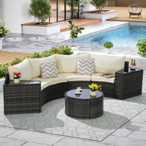 Outdoor Sofa Set, Sectional Half-Moon Sofa, PE Wicker Sofa With Cushions, Sofa Set with Tempered Glass Round Coffee Table-Coolbibila - 1 of 4