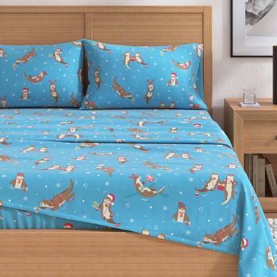 Full Size Otters in Snow Blue Cotton Flannel Sheet Set