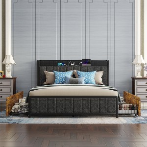 VECELO Rustic Brown Metal Full Size Bed Frame, Platform Bed with Upholstered Headboard, USB Port & 4-Rolling Storage Drawers - 1 of 4