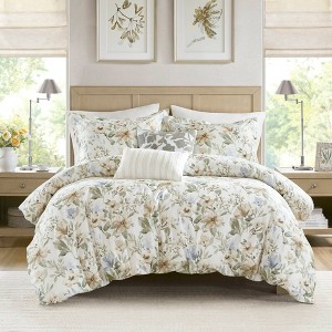AENKYO Comforter Duvet Set, Cal King Cotton Sateen Watercolor Floral Print 5-Piece Bedding with Bed Pillows, All-Season Collection - 1 of 4