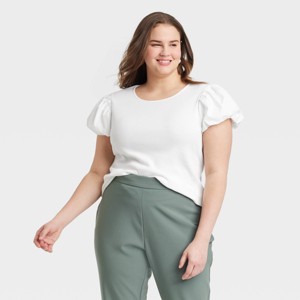 Women's Ribbed Puff Short Sleeve Blouse - A New Day™ - 1 of 3