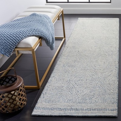 Ivory and Blue Abstract Hand-Tufted Wool Runner Rug