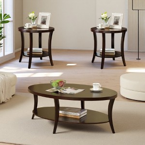 3-Piece Birch Veneer Oval Coffee Table Set - 1 of 4