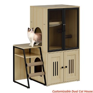 All-in-One Cat Litter Box Furniture Enclosure w/ Hammock & Scratching Posts, Magnetic Door Cat Toilet, Wooden Dual Hidden Litter Box - 1 of 4