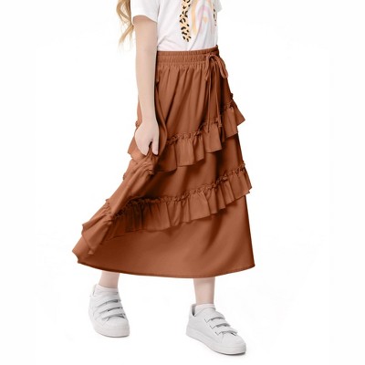 Girls Ruffled Skirts Summer Highwaist Maxi Skirts for Girls A-line Adjustable Drawstring Skirts with Irregular Hem