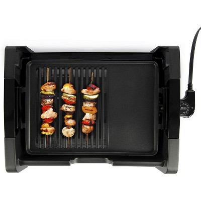 Compact Black and Silver Electric Indoor Grill with Glass Lid